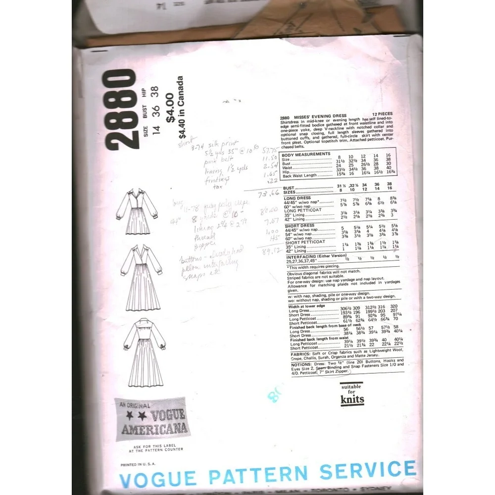 Vogue Americana 2880 Oscar de la Renta Evening Dress Sewing Pattern Size 14 VTG